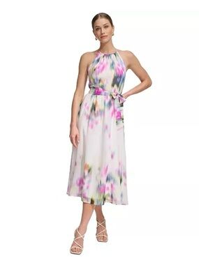 DKNY Floral Midi Size 6 Watercolor Print Sleeveless Tie Waist Occasion Dress NWT